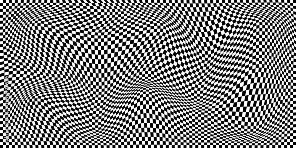 Poster warped black and white checkered pattern. distorted chessboard grid creating an optical illusion eff