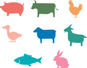 Colorful Farm Animal Silhouettes Vector Set