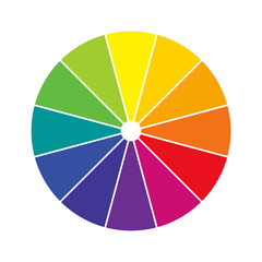 Color wheel chart circle. Bright rainbow spectrum divided into 12 equal segments on white background. Circular palette for color theory, design, or visual harmony. Vector illustration.
