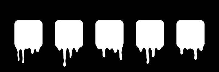 Dripping milk icons. Set of white square shapes with dripping liquid texture on black background. Isolated vector illustrations.