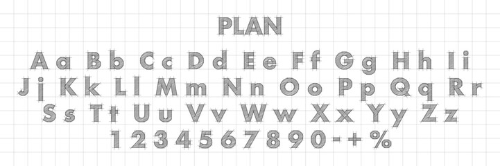 Blueprint font. Architectural typeface. Technical drawing alphabet with geometric construction guides, capital and lowercase letters, numbers, and symbols. Graphic vector illustration.