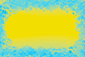 Vibrant contrast of yellow and blue with leaf pattern framing the composition. Great for festive, summer, or eco designs.