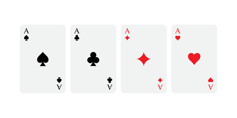 Classic playing cards set. Four aces with traditional red and black suits: spade, club, diamond, and heart. Minimalist flat design on white background. Vector illustration of poker deck.