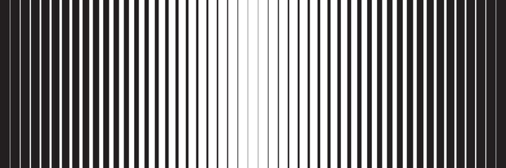 Vertical black and white stripes pattern. Graphic background with parallel thick and thin lines. Geometric backdrop with optical illusion effect. Abstract vector illustration.