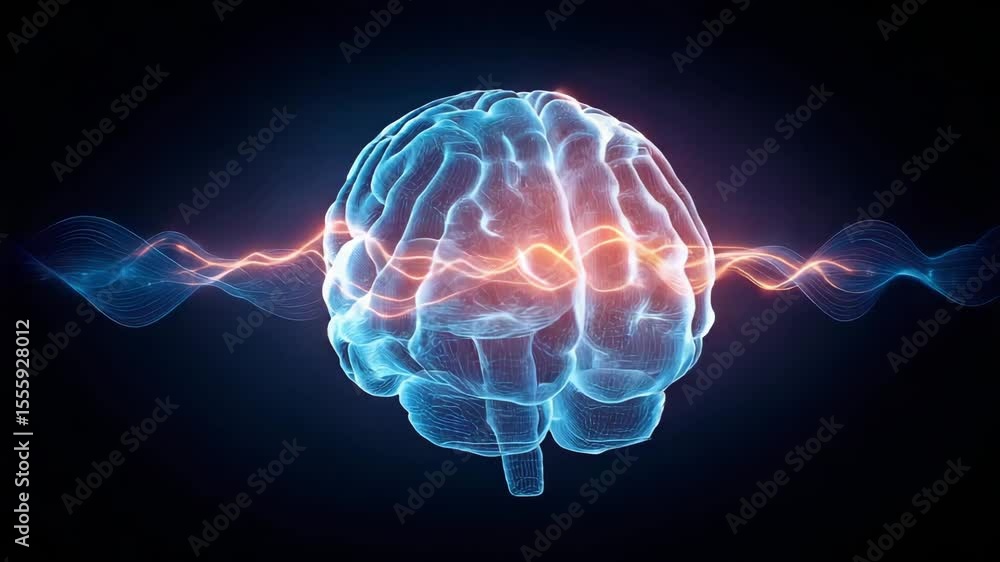 Poster glowing brain neural wave energy signals showing digital intelligence and active neural activity