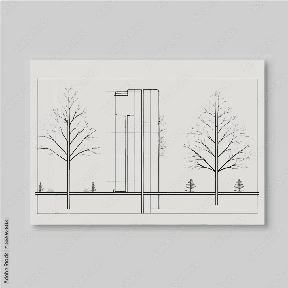 Poster minimal cad tree line drawings with side, plan, and section views. perfect for landscape architectur