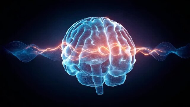 Glowing brain neural wave energy signals showing digital intelligence and active neural activity