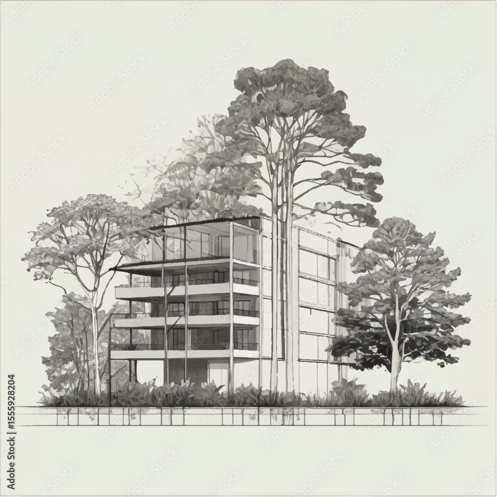 Poster architectural drawings, minimal style cad tree line drawing, side view, plan and section forest outl