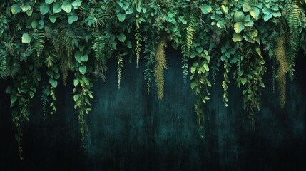 Lush green wall covered in exotic ferns and hanging vines. Dark botanical background. Space for text