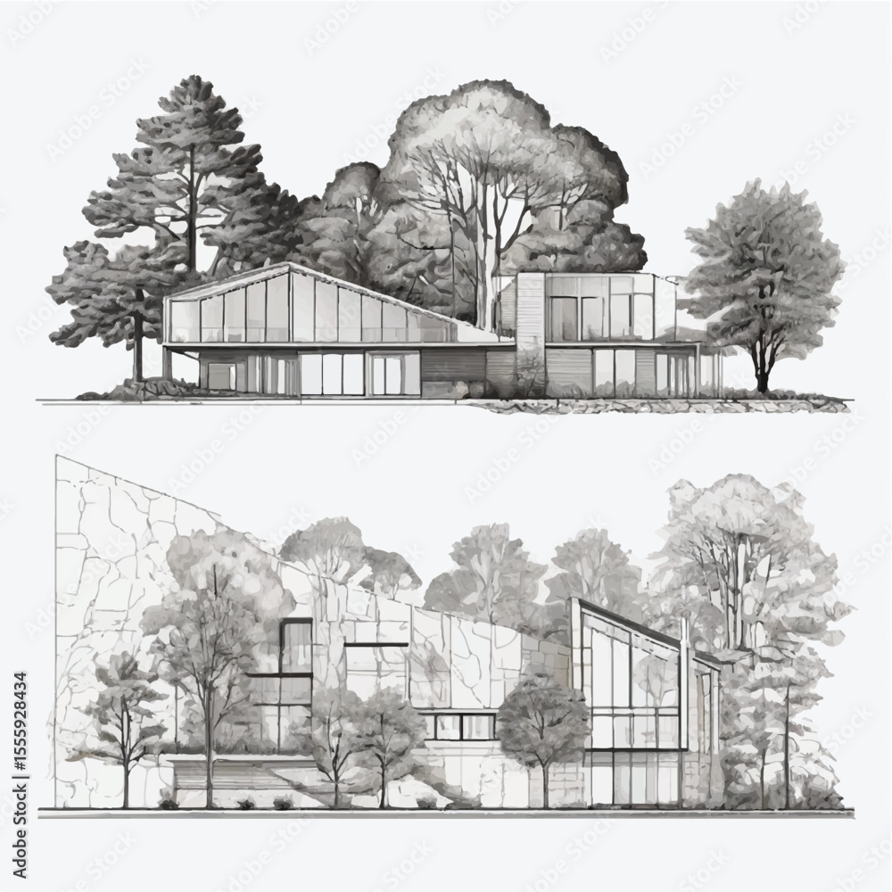 Poster architectural drawings, minimal style cad tree line drawing, side view, plan and section forest outl