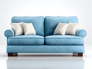 Elegant light blue loveseat sofa adorned with striped pillows sits against a bright white seamless background.