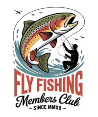 Scalable modern vector illustration depicting a dynamic fly-fishing scene t-shirt print , leaping rainbow trout, highly detailed, easily editable.