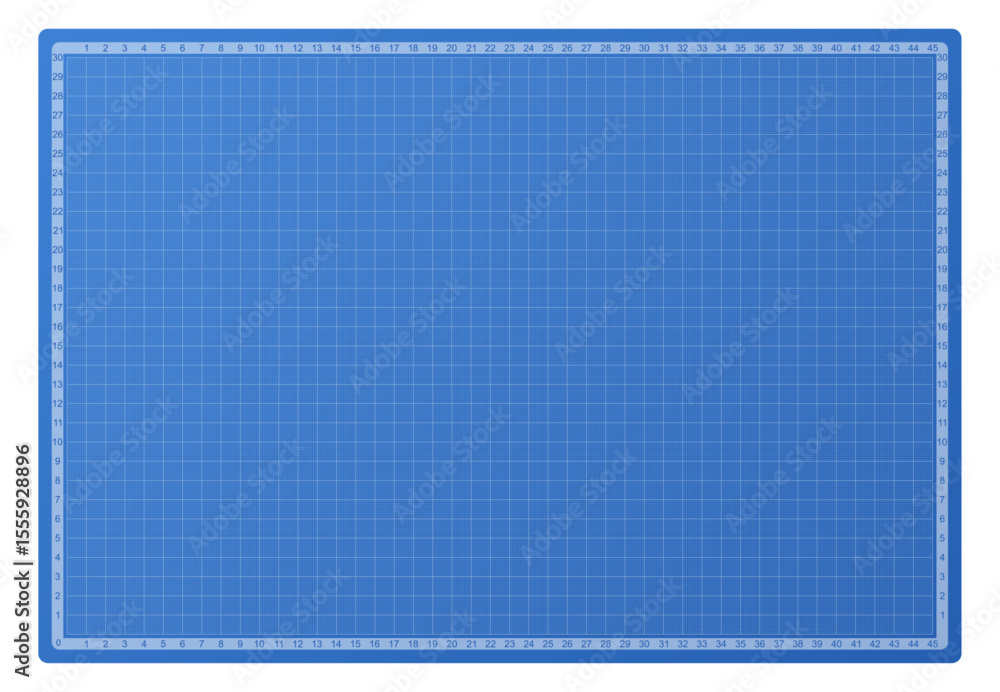 Poster blueprint background. blue cutting mat with grid lines and numeric measurements. technical backdrop 