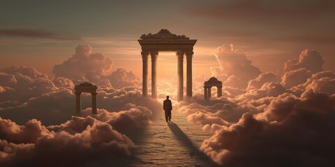 Fototapeta premium Man standing in front of heaven gate in the sky background wallpaper with copy space. Christian religious backdrop
