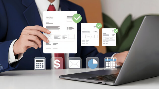 Businessman managing invoices online using laptop, showcasing financial management, document processing, and modern accounting practices for efficiency and better control.