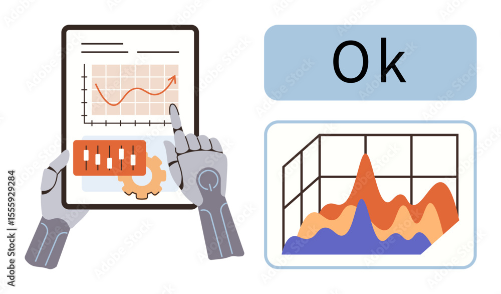Poster robot hands interacting with tablet showing a chart and gear symbol, alongside a 3d bar graph and an