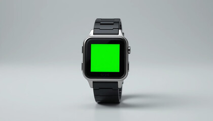 A minimal white digital wristwatch with a green screen, placed at center of frame on a white background, futuristic and soft lighting.
