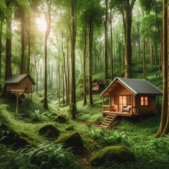 Lush green forest with a small wooden house, off-grid living, sustainability concept, 