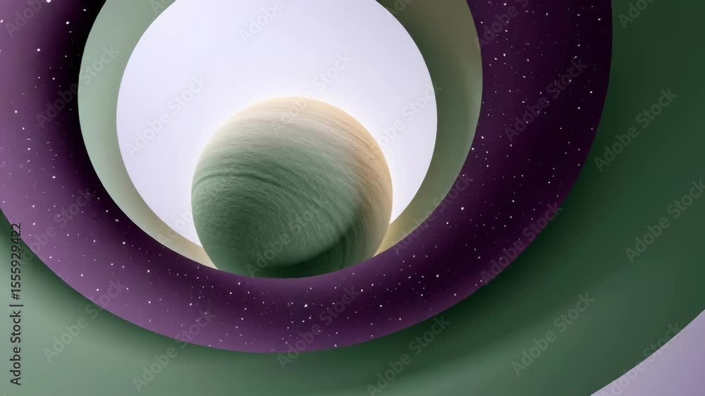 Poster abstract 3d illustration of a spherical object surrounded by concentric rings in shades of green and