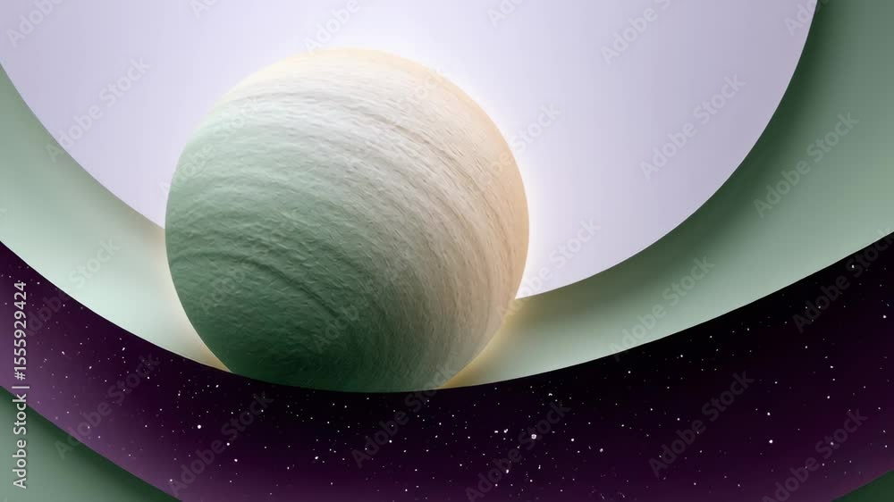 Poster abstract digital illustration of a textured planet surrounded by layered geometric shapes in soft pa