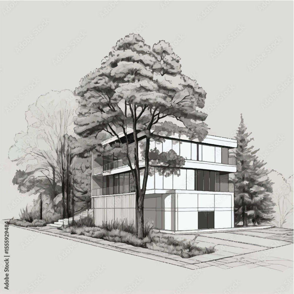 Poster architectural drawings, minimal style cad tree line drawing, side view, plan and section forest outl
