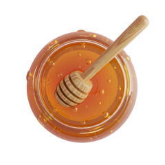 Photo of a topdown closeup view of a glass jar of honey with a wooden dipper, isolated on transparent background