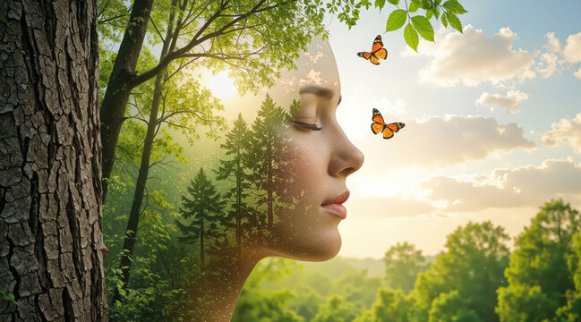 Double exposure woman and forest, serene female profile blended with forest trees and butterflies in soft light. For wellness ads, eco posters, mental health campaigns, and nature blogs.