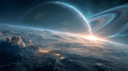 Dreamlike outer space composition with distant planets floating in light across a cosmic sea