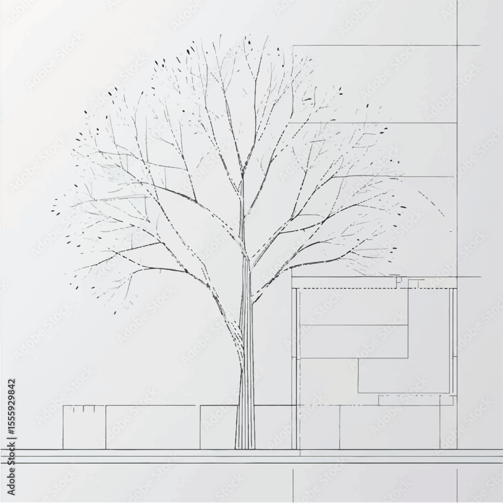 Poster architectural drawings, minimal style cad tree line drawing, side view, plan and section forest outl