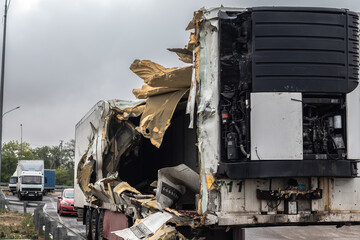 A truck torn apart from the inside