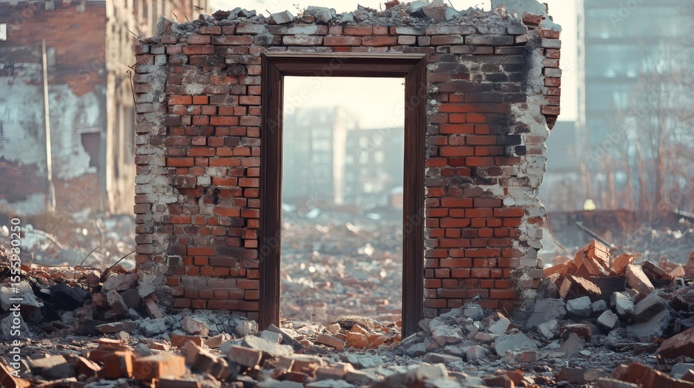 Poster lone doorway stands amidst the rubble and destruction of a building after a devastating earthquake, 