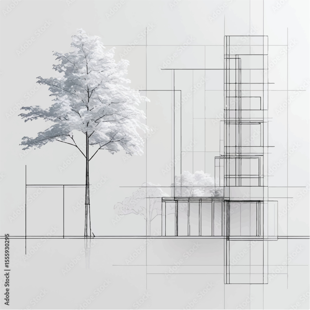 Poster architectural drawings, minimal style cad tree line drawing, side view, plan and section forest outl