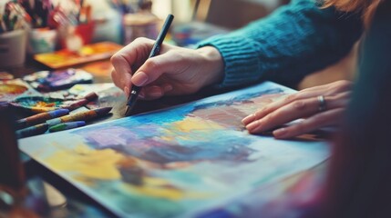 Obraz premium Close-up of woman's hands drawing on colorful artwork.