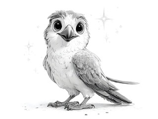Fototapeta premium A cute little bird with big eyes and soft feathers stands sweetly against a bright shimme background.