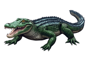 Detailed illustration of a green alligator with its mouth open and sharp teeth showing isolated on transparent background
