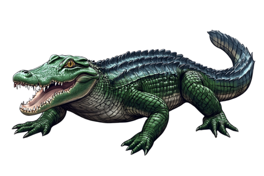 Detailed illustration of a green alligator with its mouth open and sharp teeth showing isolated on transparent background