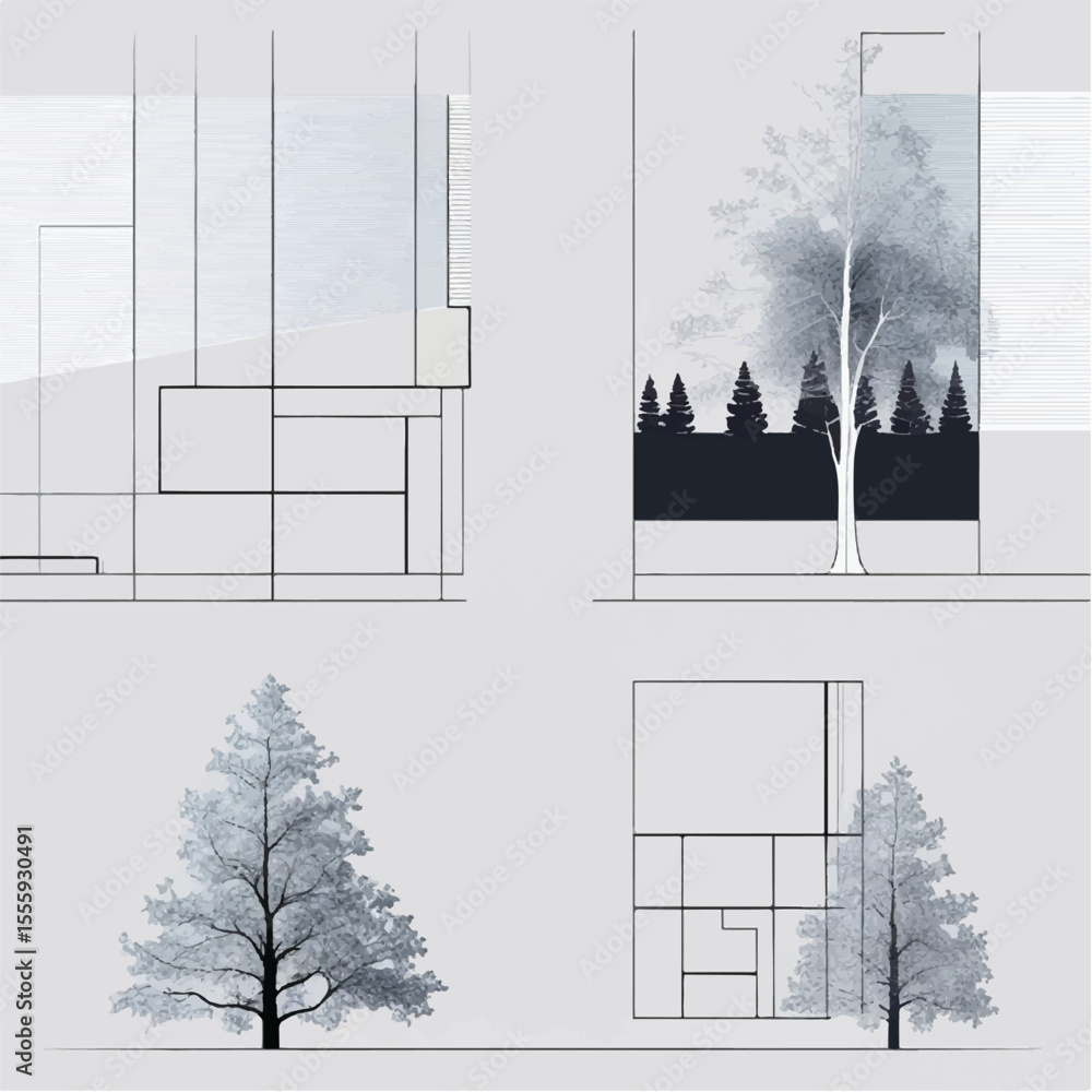 Poster architectural drawings, minimal style cad tree line drawing, side view, plan and section forest outl