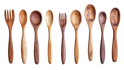Title: Reusable Eco-Friendly Wooden Cutlery Set Isolated on White Background for Sustainable Kitchen and Dining