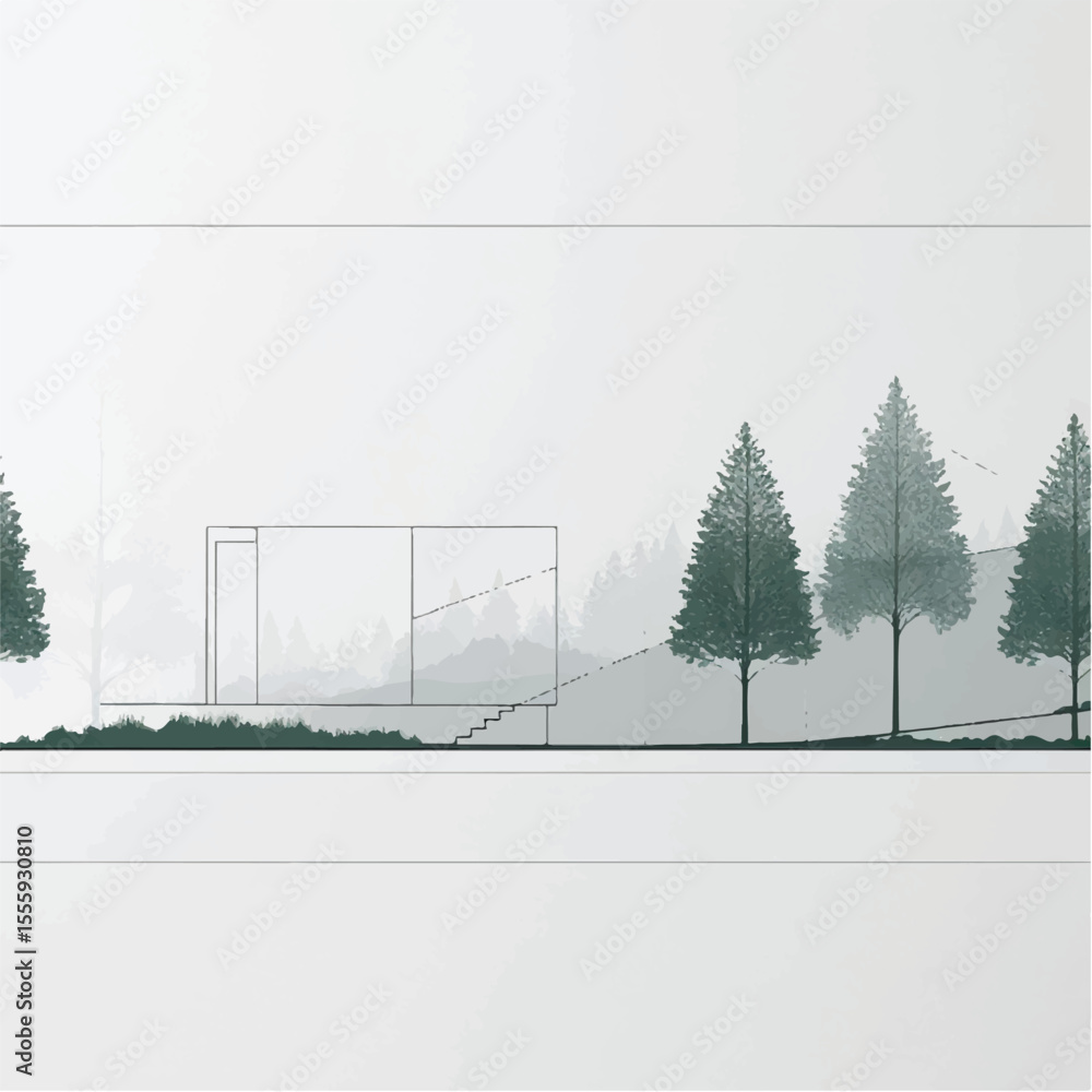Poster architectural drawings, minimal style cad tree line drawing, side view, plan and section forest outl
