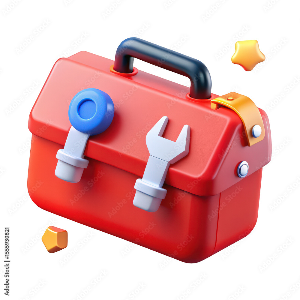 Poster red 3d model tool box with wrench and tools isolated on digital illustration graphic design element 