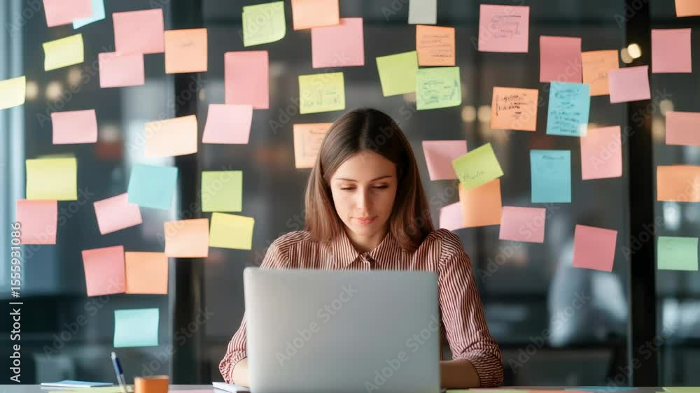 Poster young businesswoman is working on a laptop in a modern office with colorful sticky notes attached to