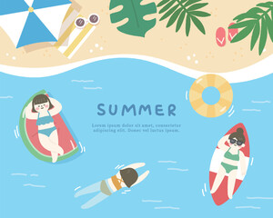 Hand drawn summer template background on the beach with people and leaves.