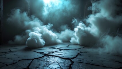 Atmospheric Scene with Smoke and Cracked Ground in Teal and Gray