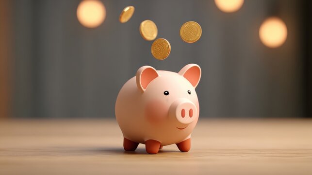 Coins dropping into a piggy bank from a top camera angle. - Powered by Adobe