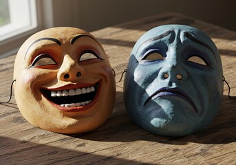 Emotional theater masks in warm lighting