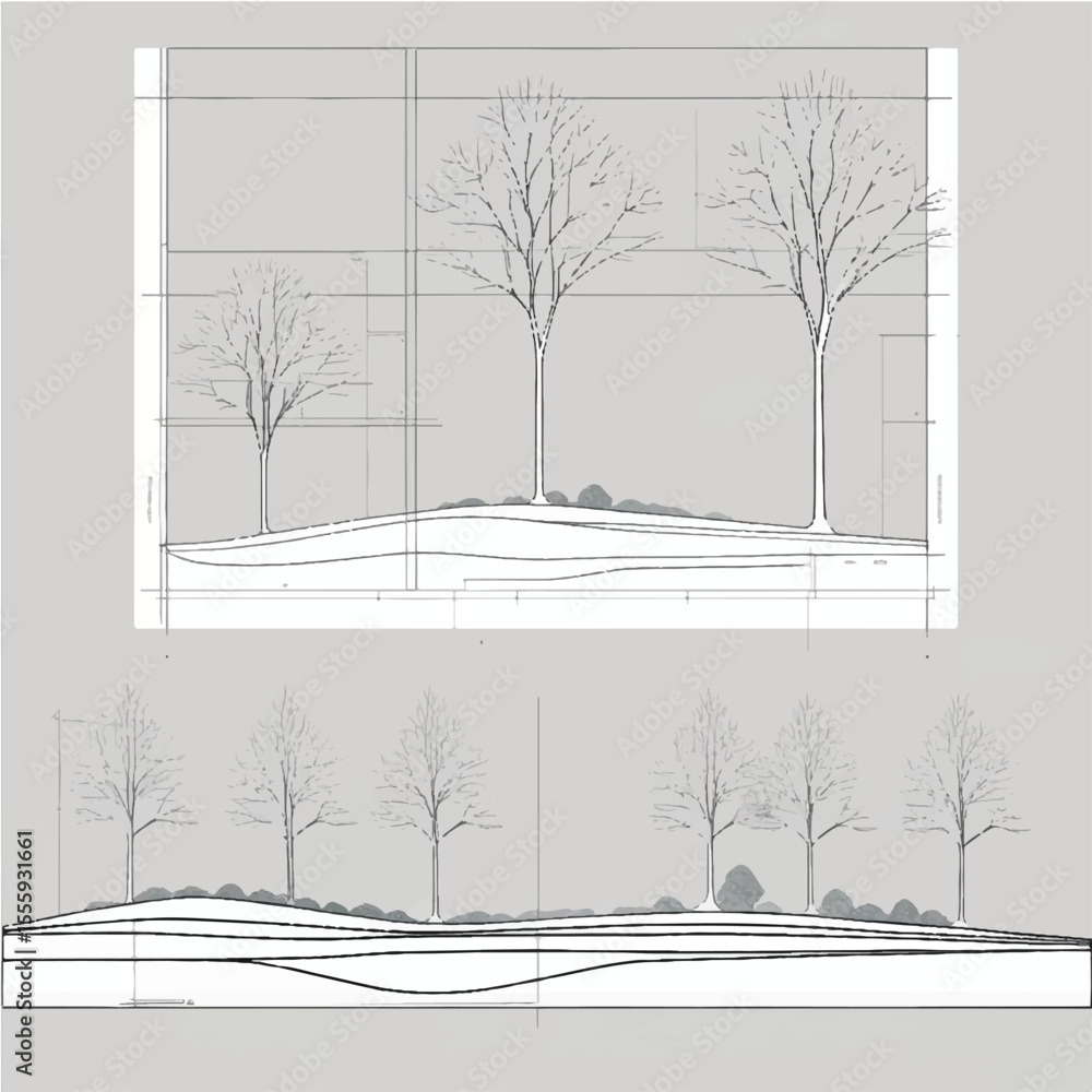 Poster minimal cad tree line drawings with side, plan, and section views. perfect for landscape architectur