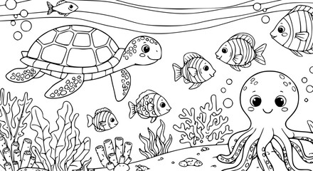 Sea turtle swimming with fish in ocean coloring page for kids