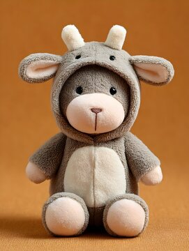 A charming gray plush cow toy with a hood sits upright against a warm tan colored studio background.