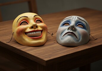 Painted drama masks showing dual emotions