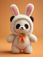 A charming panda bear plushie dressed in a bunny rabbit costume stands against a soft orange backdrop.